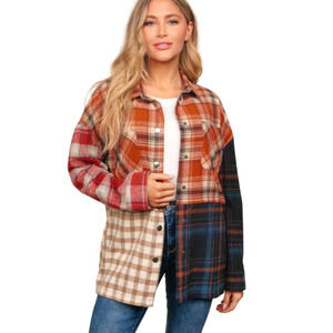 FLANNEL‎ LOOSE FIT COLOR BLOCK SNAP BUTTON DOWN PLAID JACKET SHACKET POCKETS